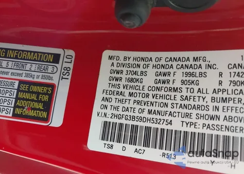 2013 Honda Civic Lx z USA, uszkodzony, nr VIN 2HGFG3B59DH532754